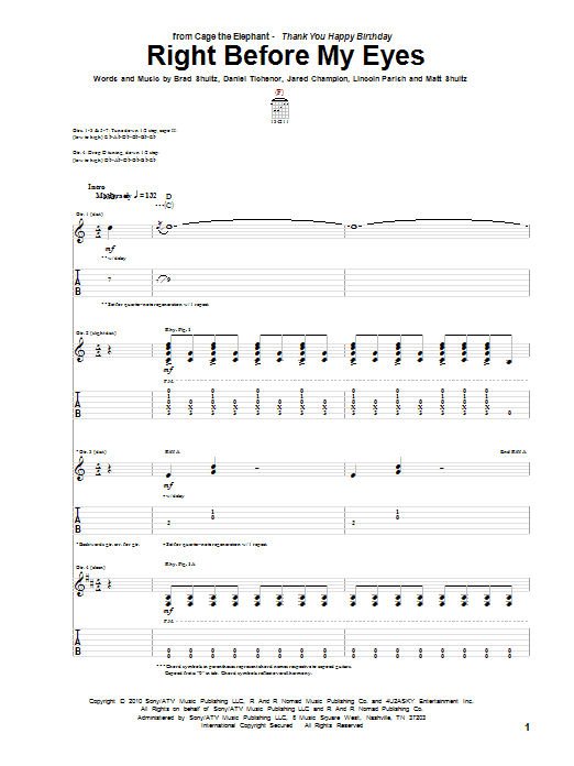 Cage The Elephant Right Before My Eyes Sheet Music Notes & Chords for Guitar Tab - Download or Print PDF