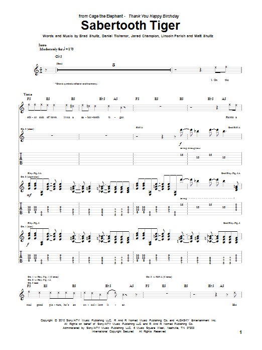 Cage The Elephant Sabertooth Tiger Sheet Music Notes & Chords for Guitar Tab - Download or Print PDF