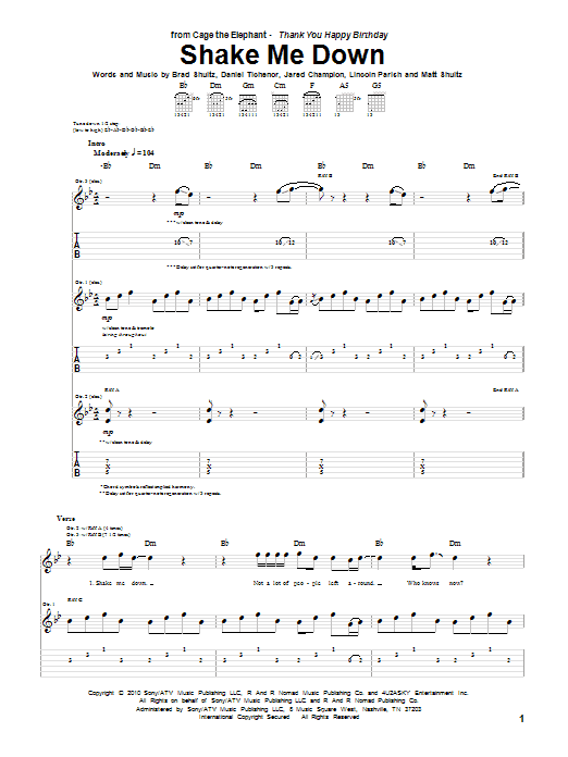 Cage The Elephant Shake Me Down Sheet Music Notes & Chords for Guitar Tab - Download or Print PDF