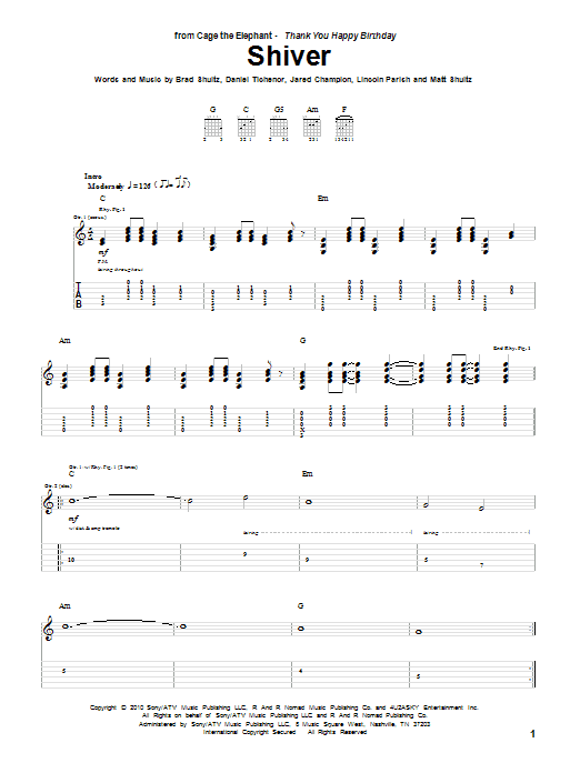 Cage The Elephant Shiver Sheet Music Notes & Chords for Guitar Tab - Download or Print PDF