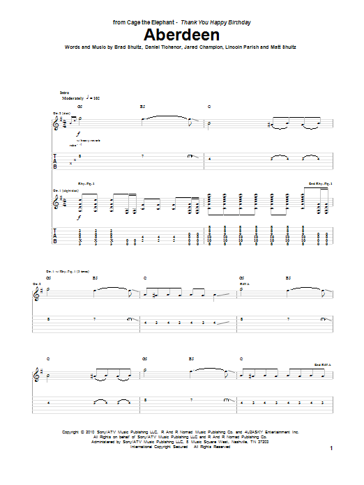 Preview Cage The Elephant Aberdeen Rock sheet music, notes and chords for Guitar Tab, SKU: 83577 Aberdeen sheet music