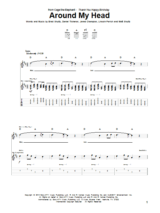 Preview Cage The Elephant Around My Head Rock sheet music, notes and chords for Guitar Tab, SKU: 83633 Around My Head sheet music