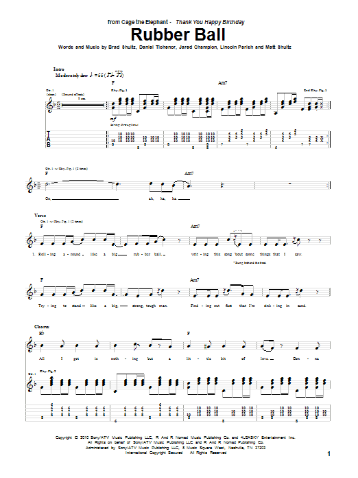 Preview Cage The Elephant Rubber Ball Rock sheet music, notes and chords for Guitar Tab, SKU: 83572 Rubber Ball sheet music