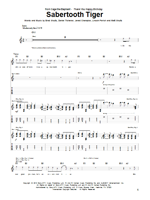 Preview Cage The Elephant Sabertooth Tiger Rock sheet music, notes and chords for Guitar Tab, SKU: 83571 Sabertooth Tiger sheet music