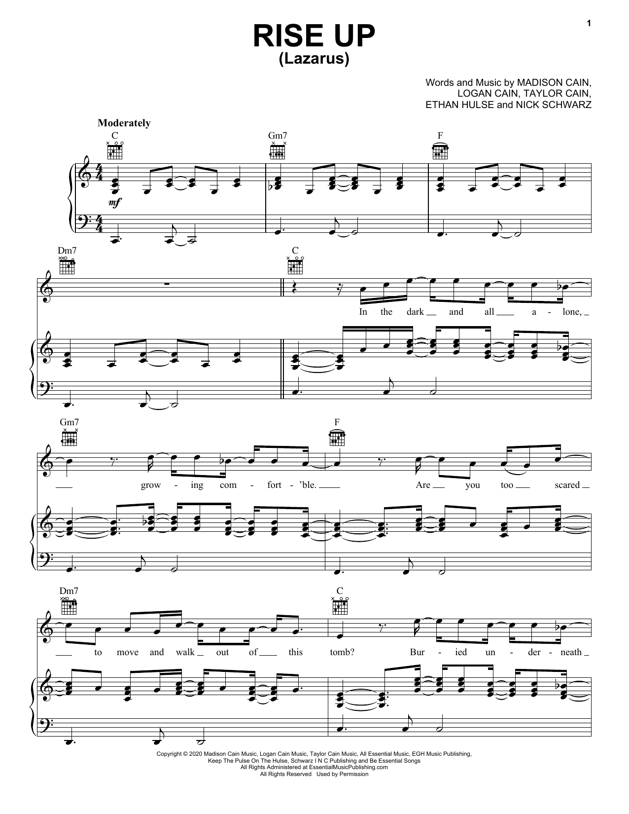 CAIN Rise Up (Lazarus) Sheet Music Notes & Chords for Piano, Vocal & Guitar (Right-Hand Melody) - Download or Print PDF