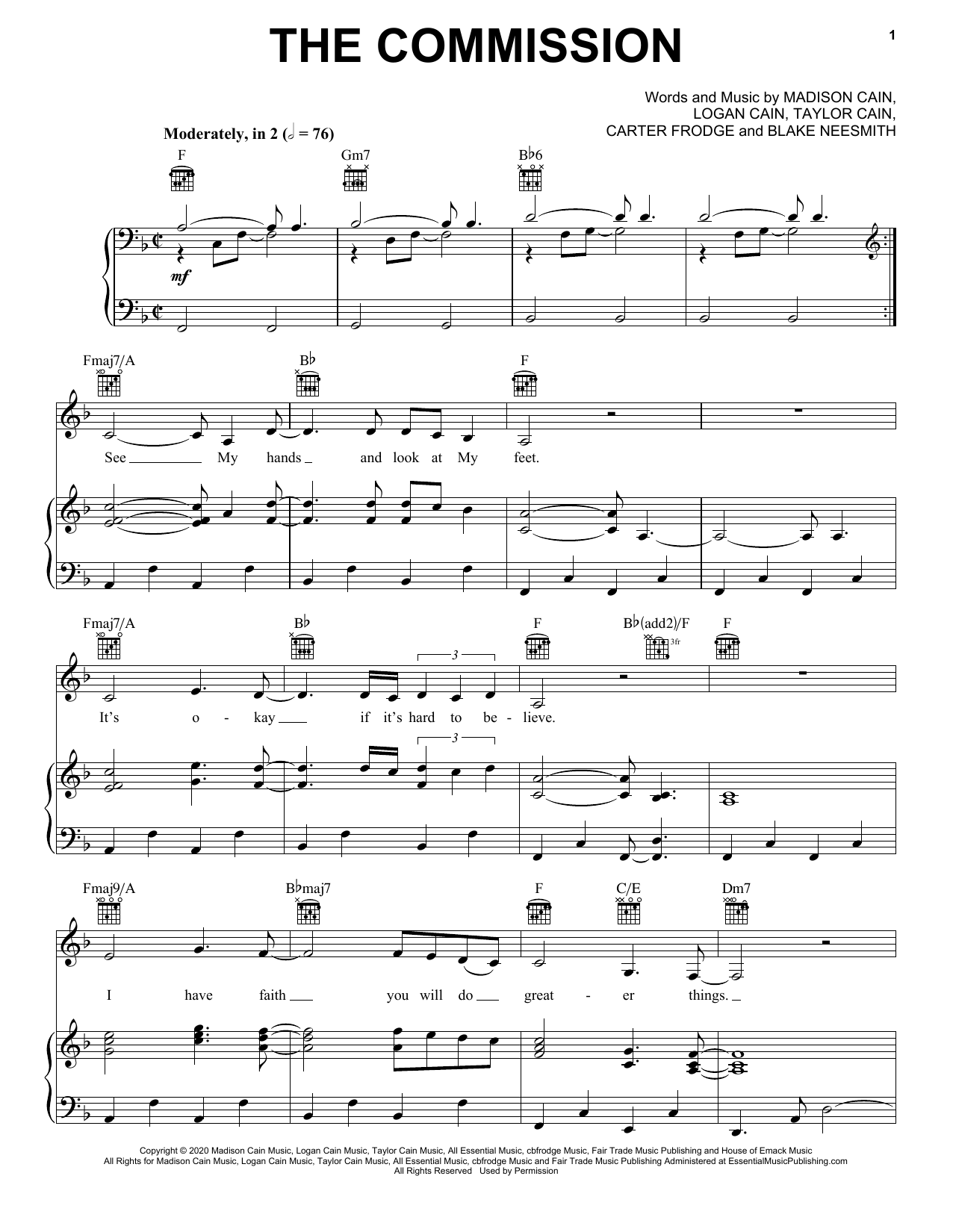 CAIN The Commission Sheet Music Notes & Chords for Piano, Vocal & Guitar Chords (Right-Hand Melody) - Download or Print PDF