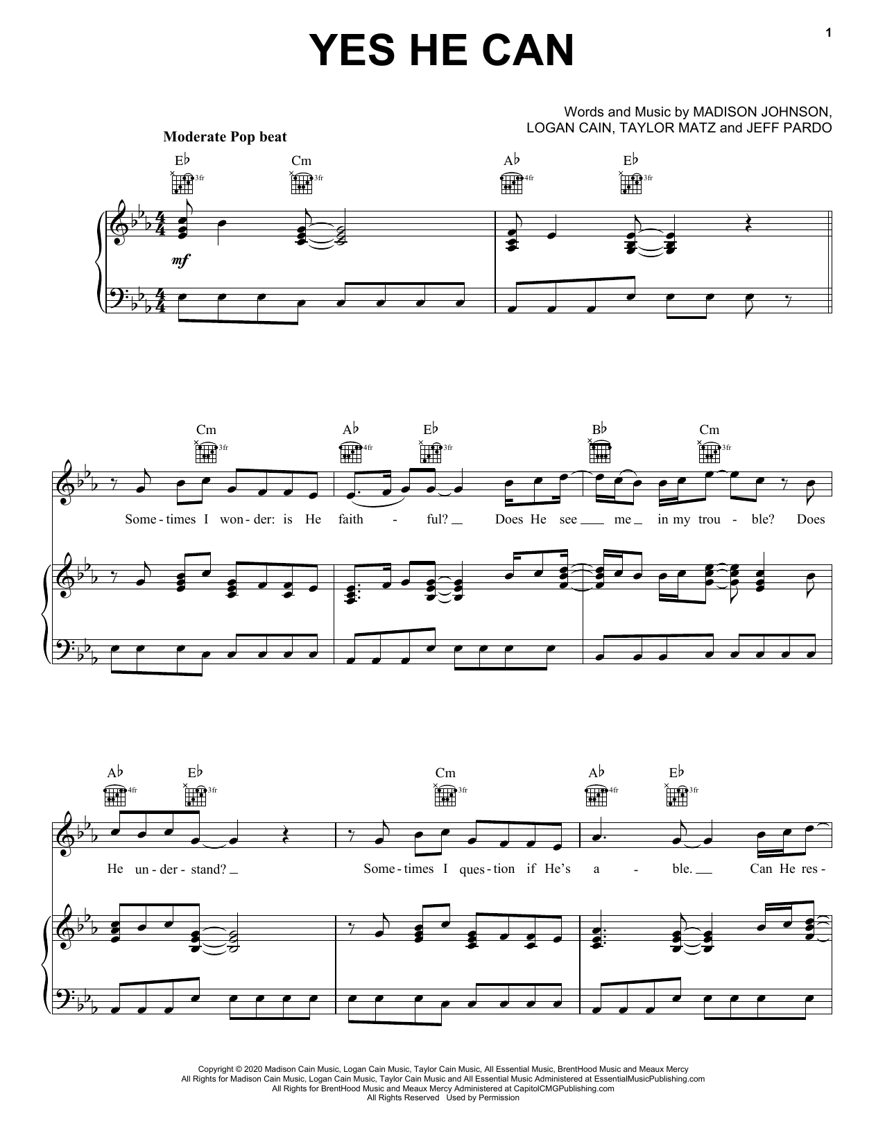 CAIN Yes He Can Sheet Music Notes & Chords for Piano, Vocal & Guitar (Right-Hand Melody) - Download or Print PDF