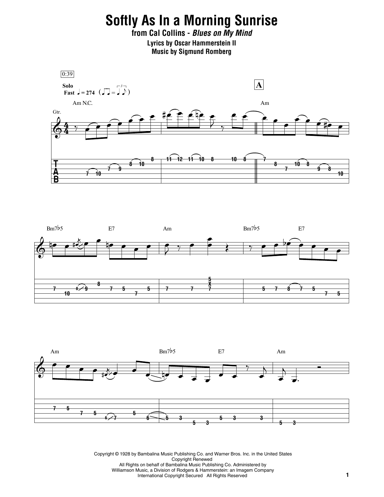 Cal Collins Softly As In A Morning Sunrise Sheet Music Notes & Chords for Electric Guitar Transcription - Download or Print PDF