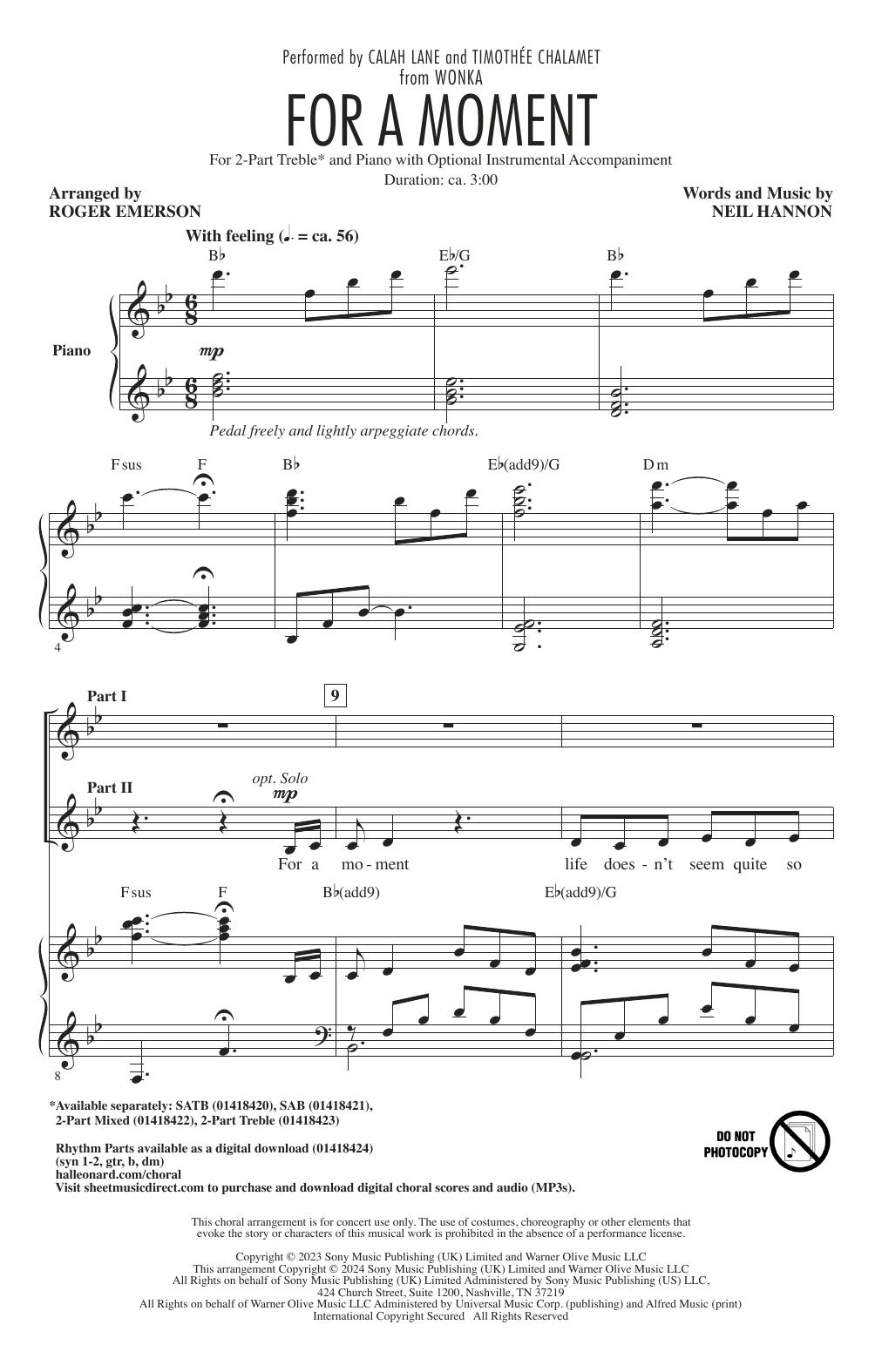 Calah Lane & Timothée Chalamet For A Moment (from Wonka) (arr. Roger Emerson) Sheet Music Notes & Chords for SAB Choir - Download or Print PDF