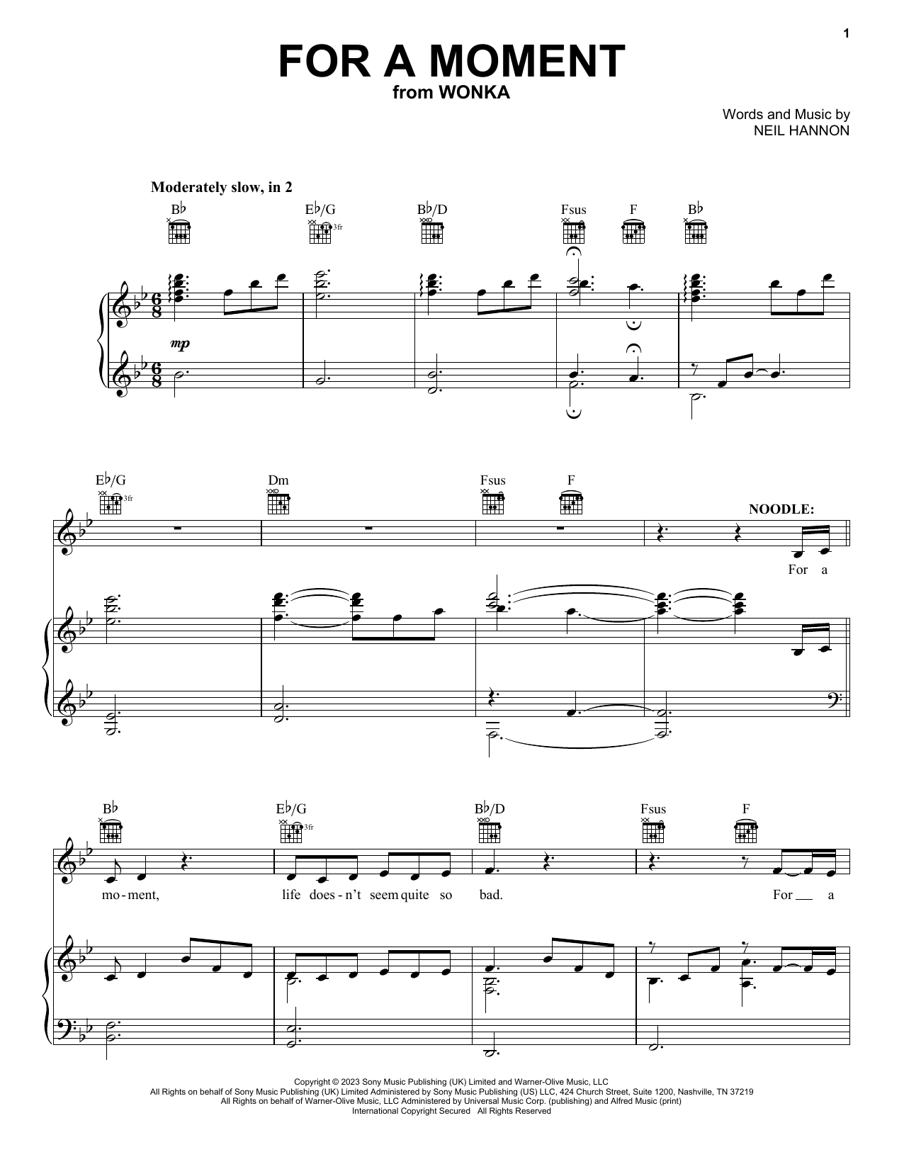 Calah Lane & Timothée Chalamet For A Moment (from Wonka) Sheet Music Notes & Chords for Piano, Vocal & Guitar Chords (Right-Hand Melody) - Download or Print PDF