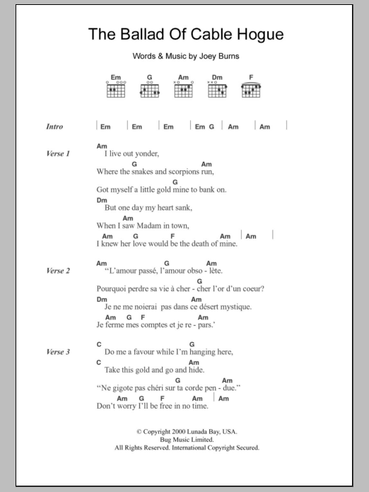 Calexico The Ballad Of Cable Hogue Sheet Music Notes & Chords for Lyrics & Chords - Download or Print PDF