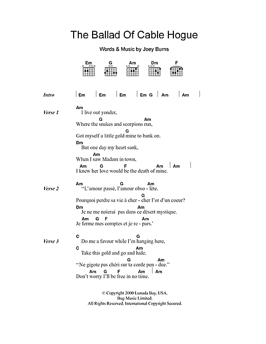 Calexico The Ballad Of Cable Hogue Sheet Music Notes & Chords for Lyrics & Chords - Download or Print PDF