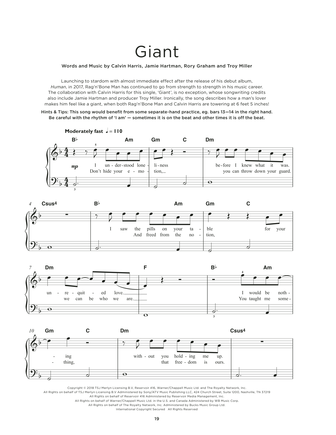 Calvin Harris & Rag 'n' Bone Man Giant Sheet Music Notes & Chords for Really Easy Piano - Download or Print PDF