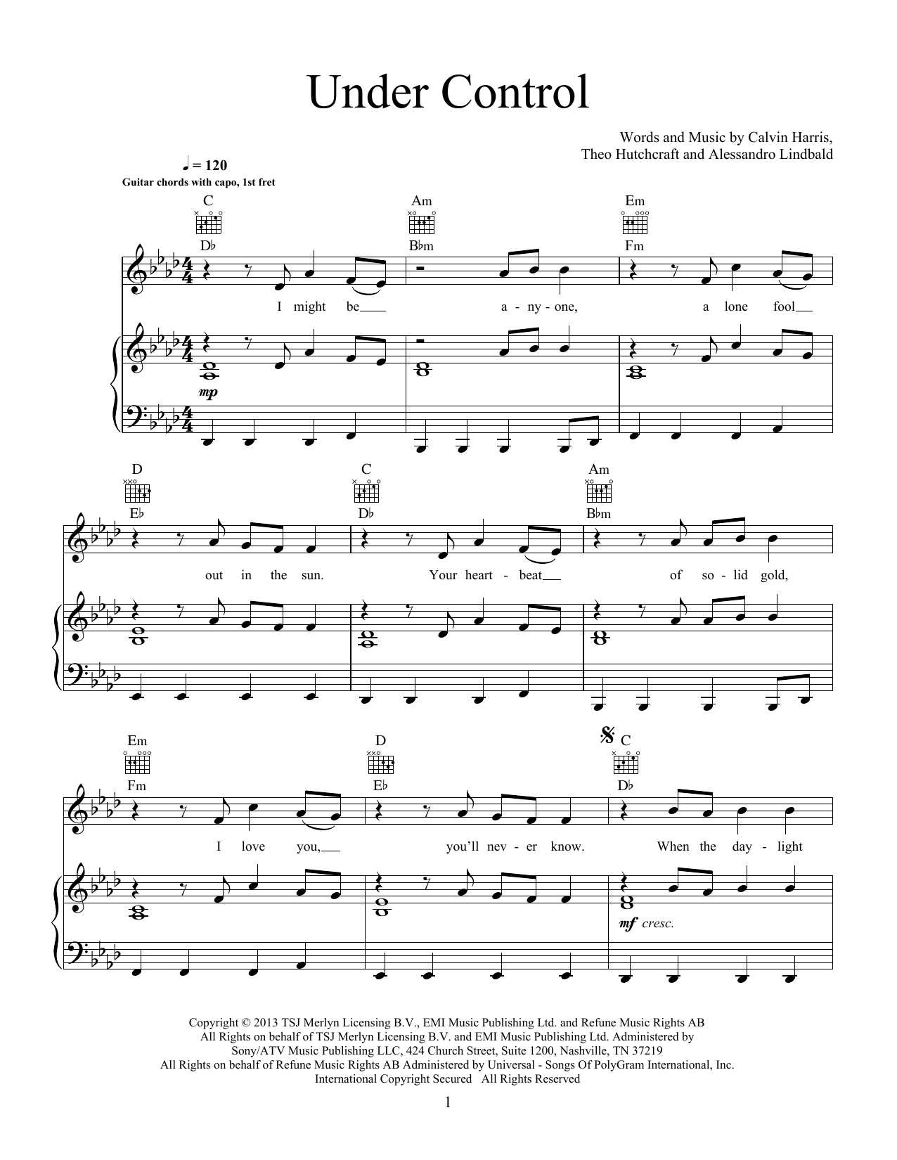 Calvin Harris and Alesso Under Control (feat. Hurts) Sheet Music Notes & Chords for Piano, Vocal & Guitar (Right-Hand Melody) - Download or Print PDF