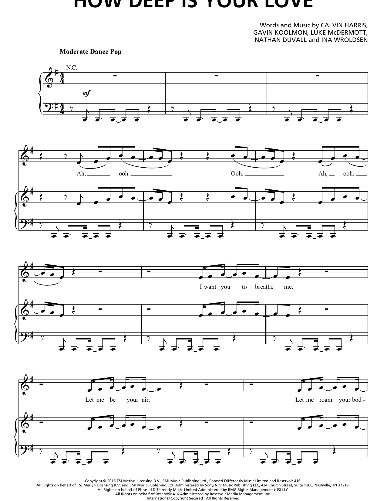 Calvin Harris and Disciples How Deep Is Your Love Sheet Music Notes & Chords for Piano, Vocal & Guitar (Right-Hand Melody) - Download or Print PDF