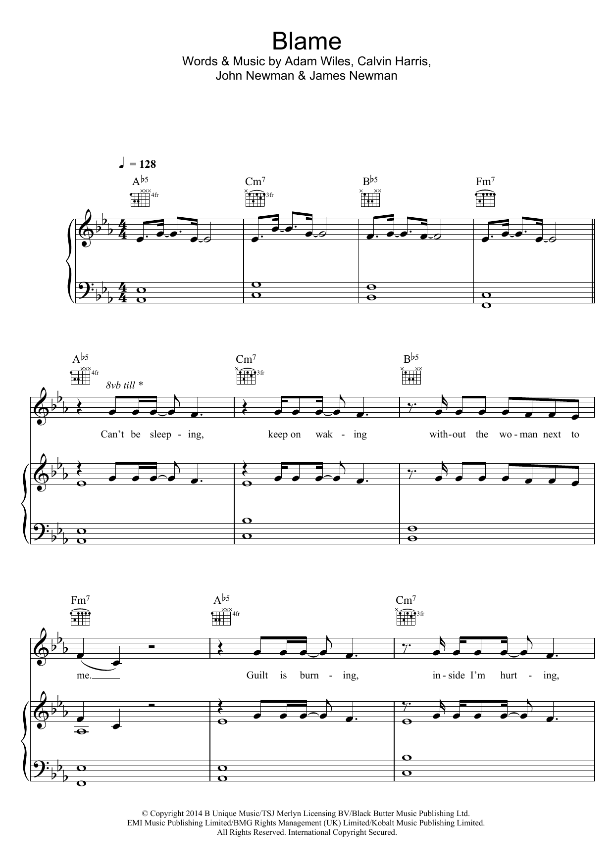 Calvin Harris Blame (feat. John Newman) Sheet Music Notes & Chords for Piano, Vocal & Guitar - Download or Print PDF