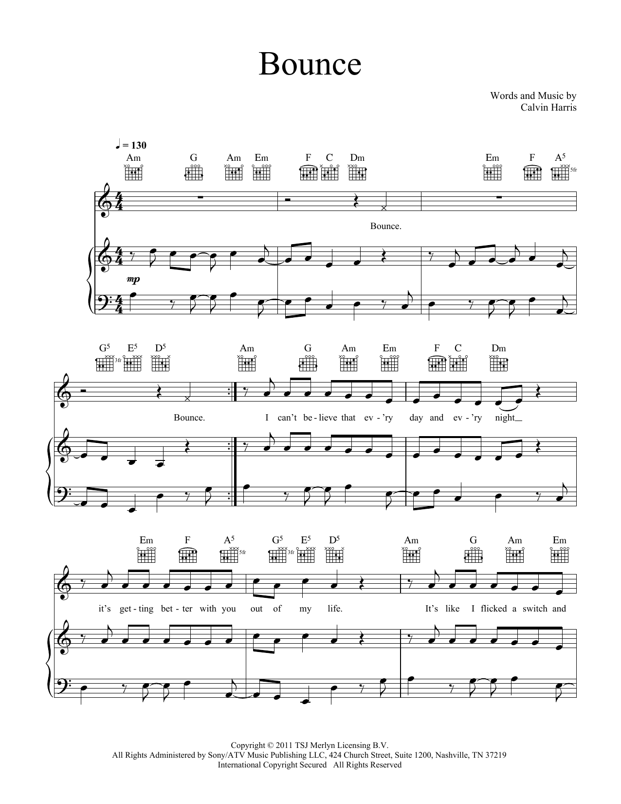 Calvin Harris Bounce (feat. Kelis) Sheet Music Notes & Chords for Piano, Vocal & Guitar (Right-Hand Melody) - Download or Print PDF