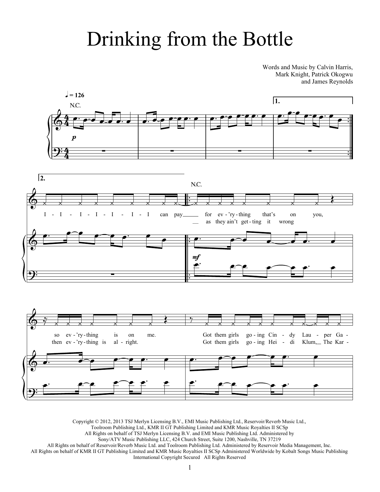 Calvin Harris Drinking From The Bottle (feat. Tinie Tempah) Sheet Music Notes & Chords for Piano, Vocal & Guitar (Right-Hand Melody) - Download or Print PDF