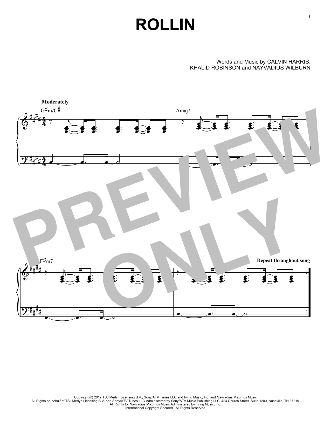 Calvin Harris feat. Future and Khalid Rollin Sheet Music Notes & Chords for Piano - Download or Print PDF