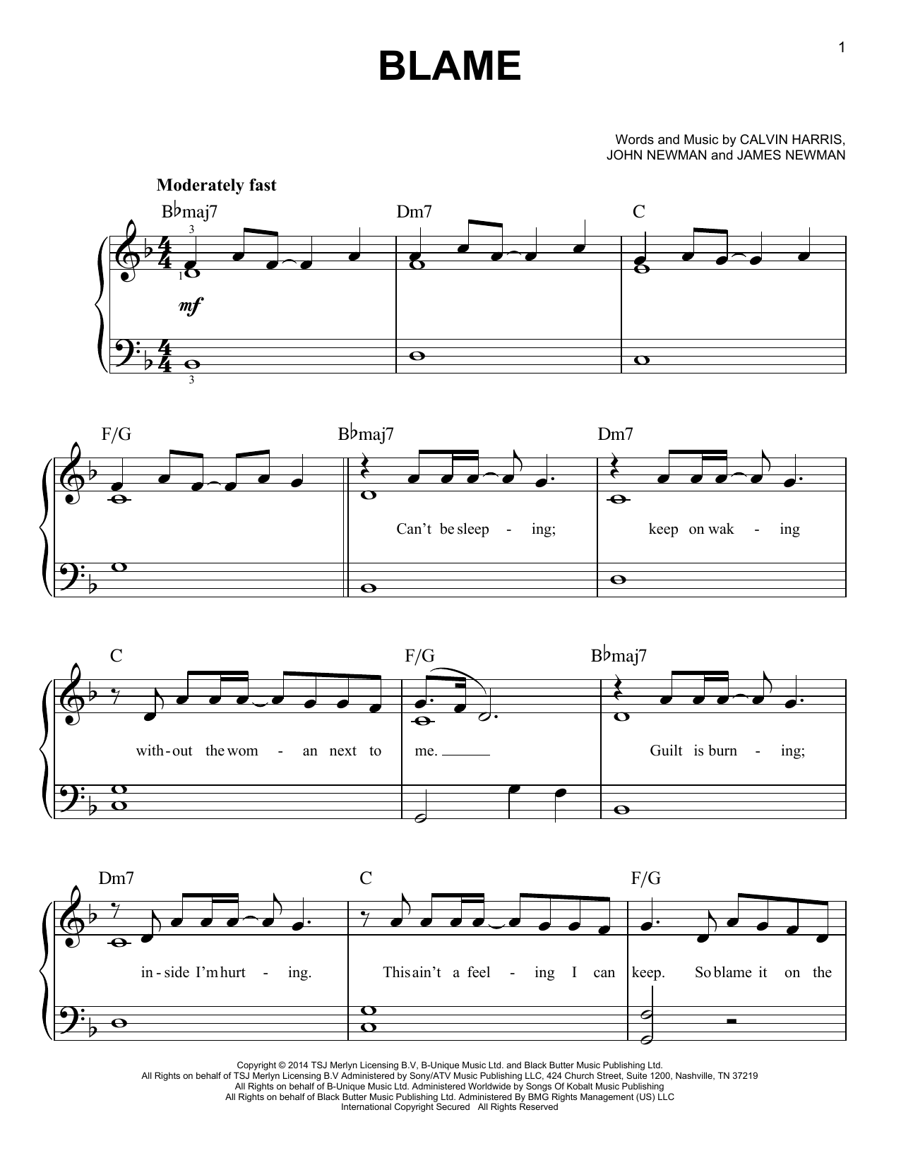 Calvin Harris Blame (feat. John Newman) Sheet Music Notes & Chords for Easy Piano - Download or Print PDF