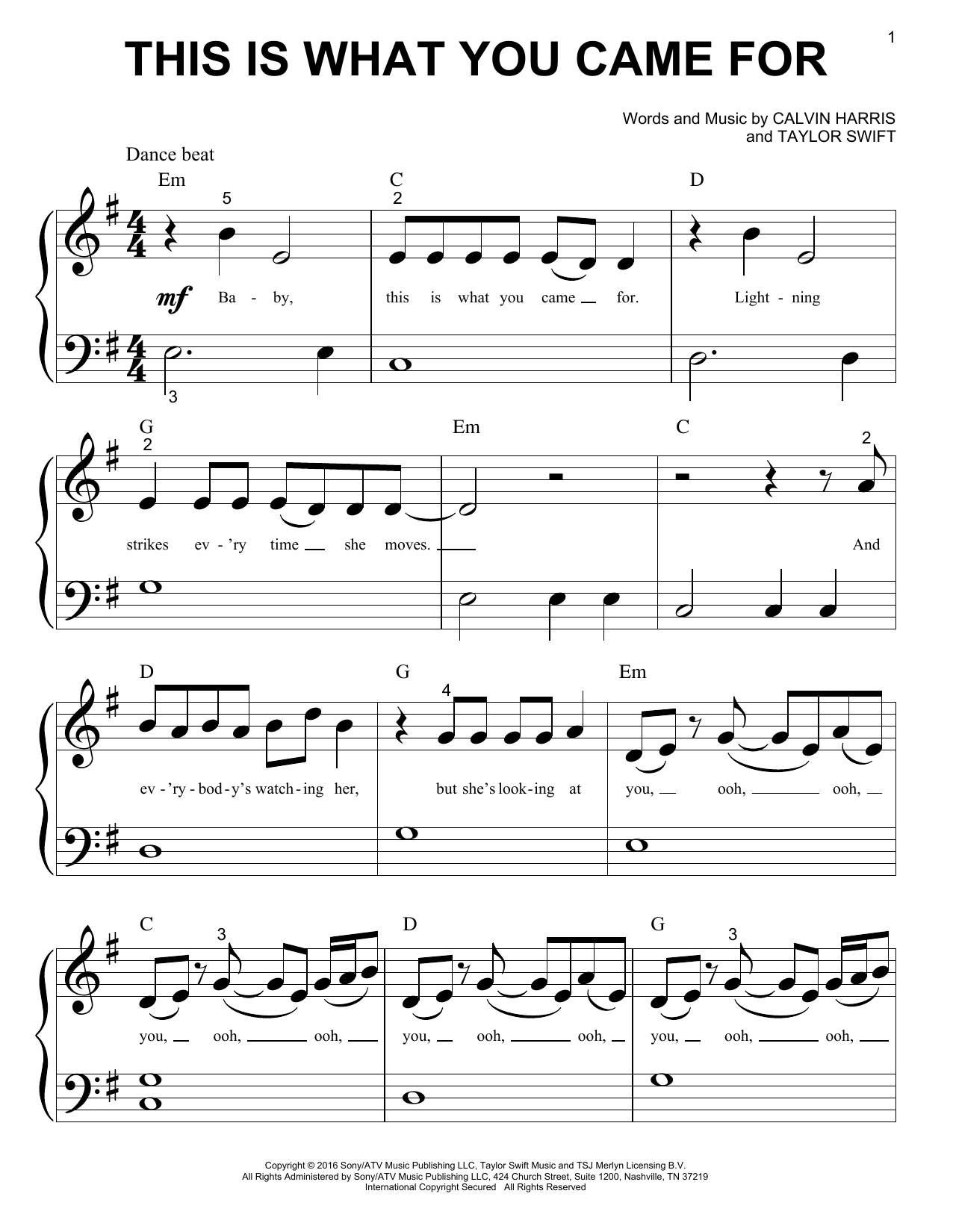 Calvin Harris This Is What You Came For (feat. Rihanna) Sheet Music Notes & Chords for Piano (Big Notes) - Download or Print PDF