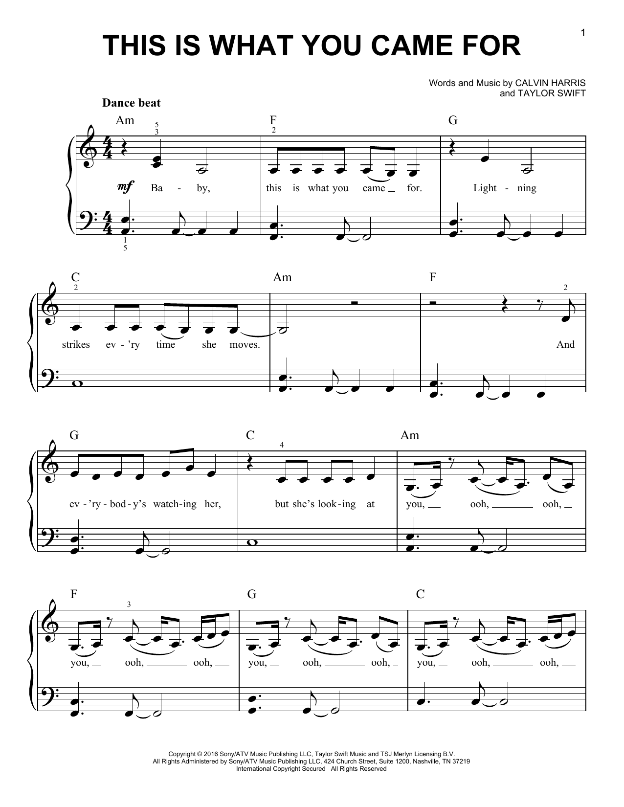 Calvin Harris This Is What You Came For (feat. Rihanna) Sheet Music Notes & Chords for Piano (Big Notes) - Download or Print PDF