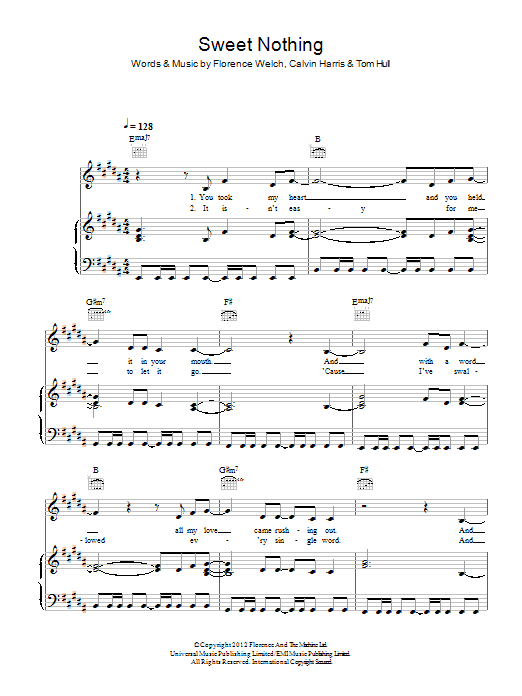 Calvin Harris Featuring Florence Welch Sweet Nothing Sheet Music Notes & Chords for Piano, Vocal & Guitar (Right-Hand Melody) - Download or Print PDF