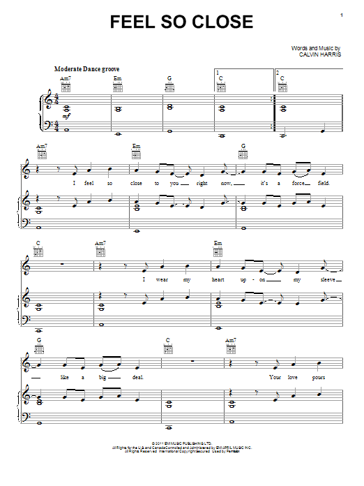 Calvin Harris Feel So Close Sheet Music Notes & Chords for Piano, Vocal & Guitar (Right-Hand Melody) - Download or Print PDF