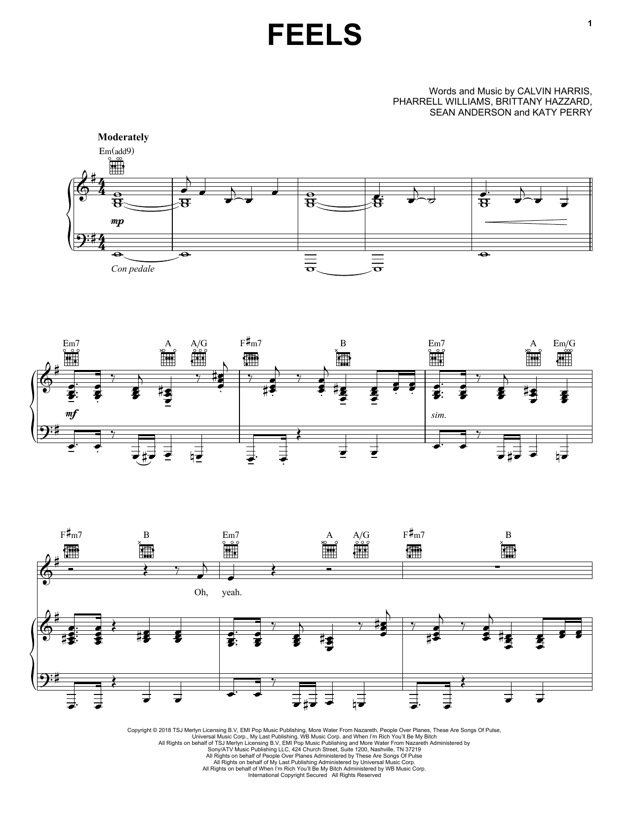 Calvin Harris ft. Pharrell Williams Feels Sheet Music Notes & Chords for Piano, Vocal & Guitar (Right-Hand Melody) - Download or Print PDF