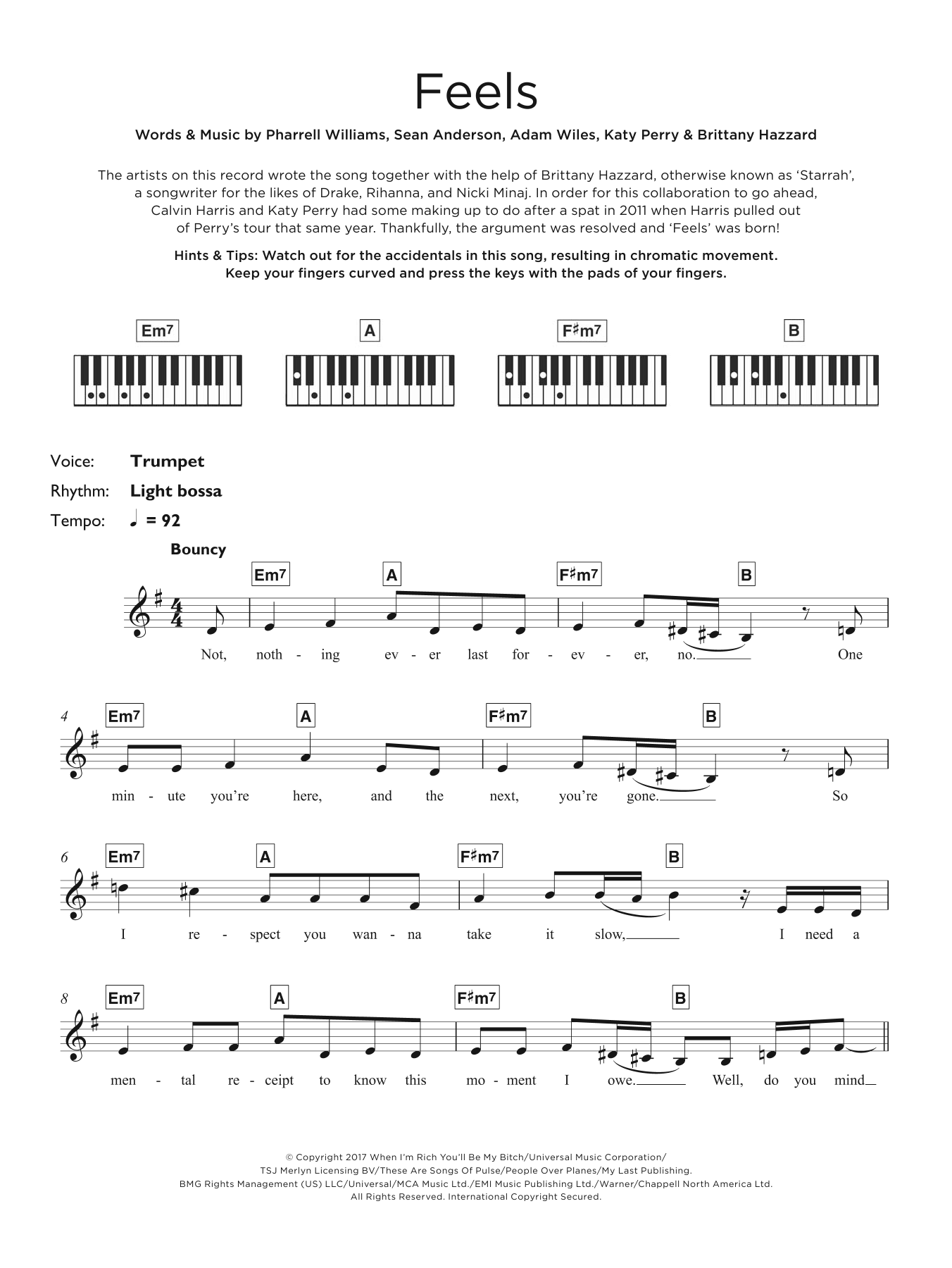 Calvin Harris Feels (feat. Pharrell Williams, Katy Perry & Big Sean) Sheet Music Notes & Chords for Easy Piano - Download or Print PDF