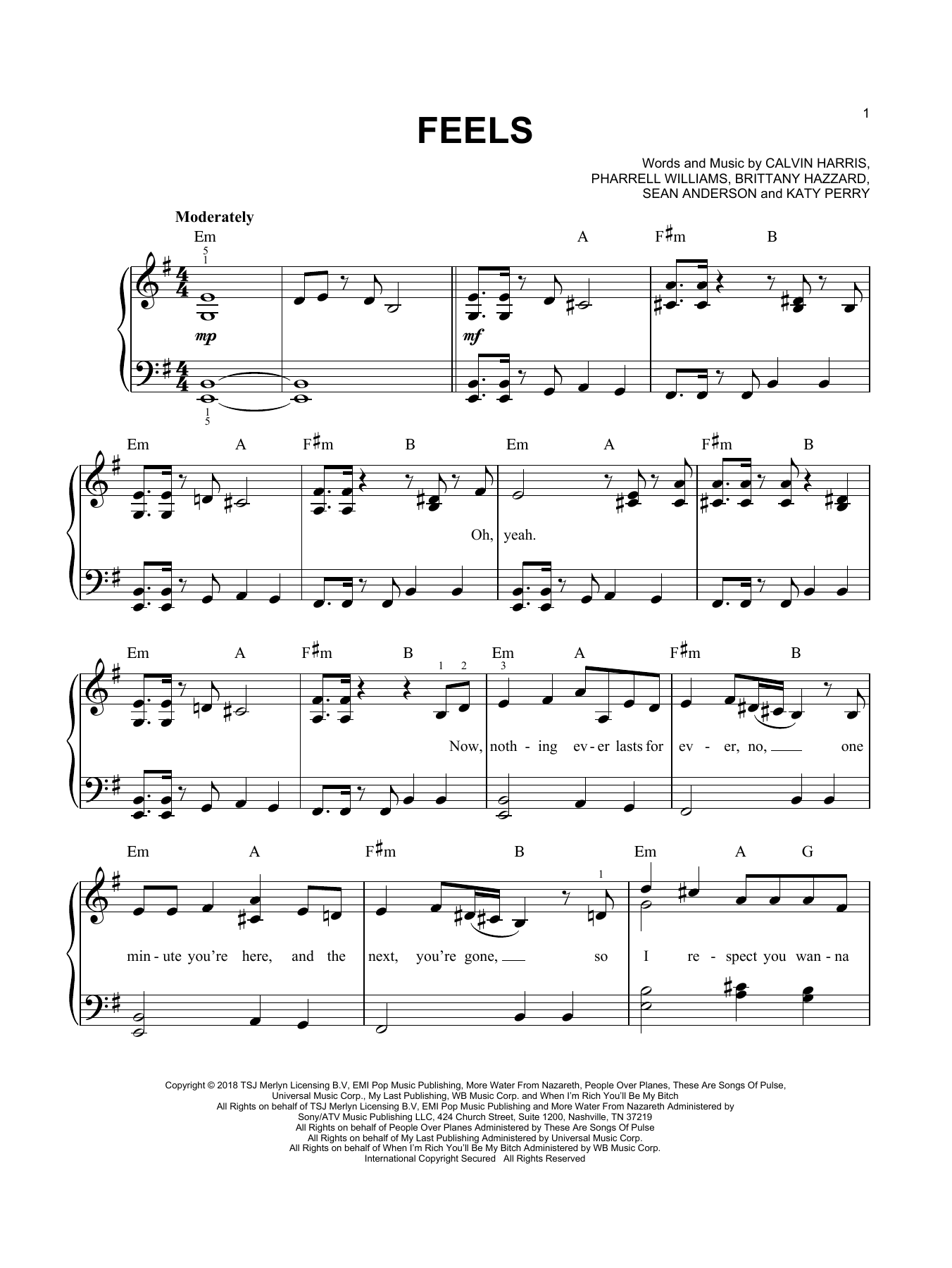 Calvin Harris Feels (feat. Pharrell Williams, Katy Perry & Big Sean) Sheet Music Notes & Chords for Easy Piano - Download or Print PDF