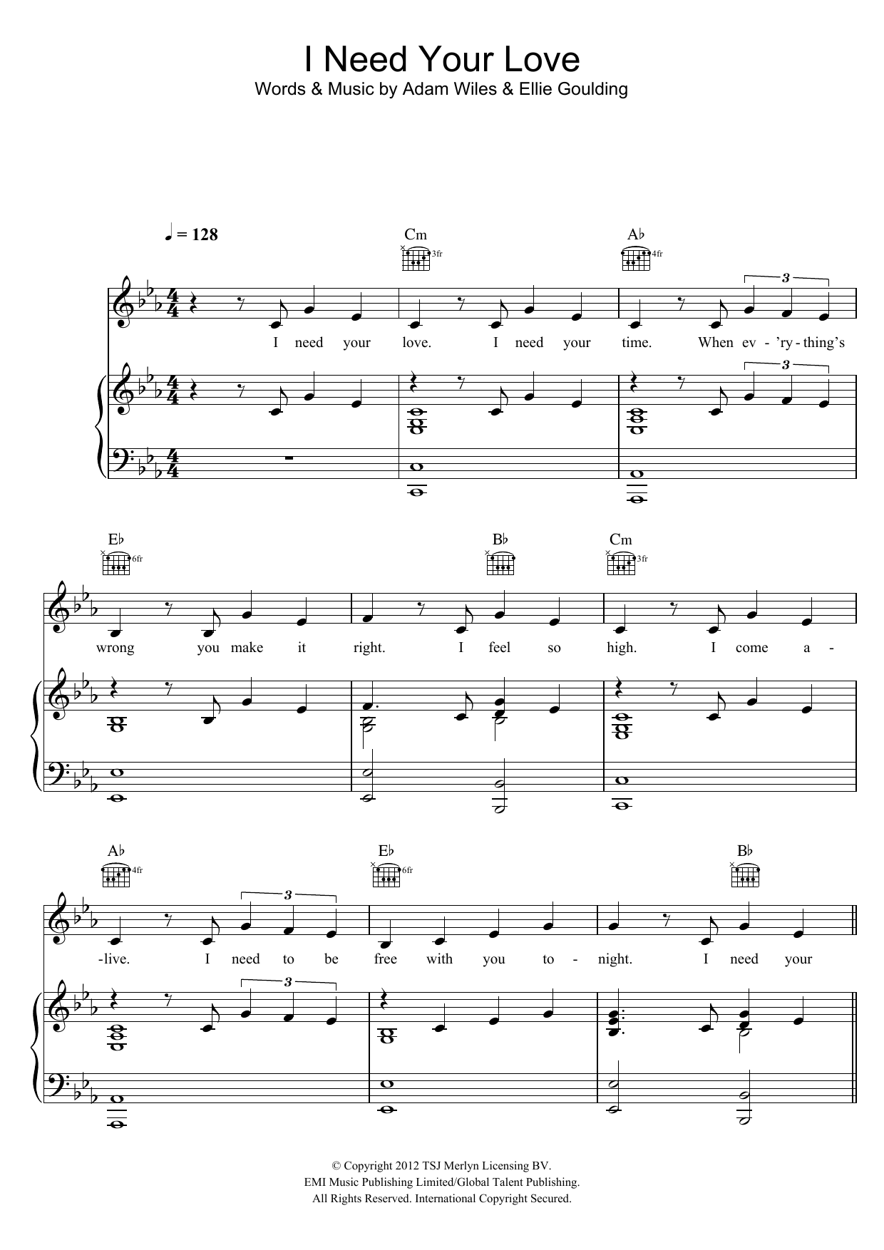 Calvin Harris I Need Your Love (featuring Ellie Goulding) Sheet Music Notes & Chords for Keyboard - Download or Print PDF