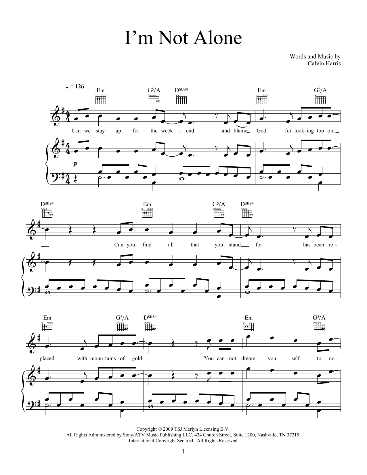 Calvin Harris I'm Not Alone Sheet Music Notes & Chords for Piano, Vocal & Guitar (Right-Hand Melody) - Download or Print PDF