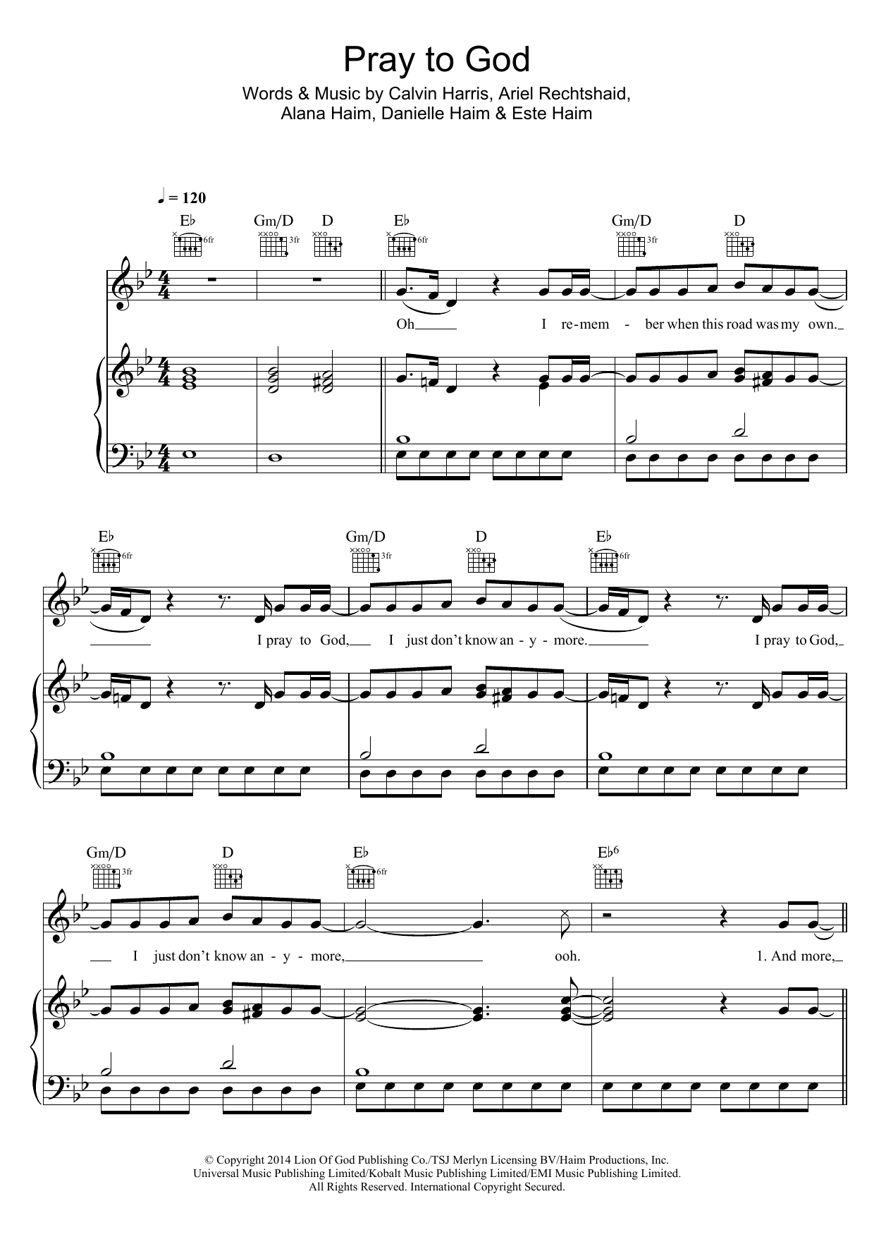 Calvin Harris Pray To God (featuring Haim) Sheet Music Notes & Chords for Piano, Vocal & Guitar (Right-Hand Melody) - Download or Print PDF