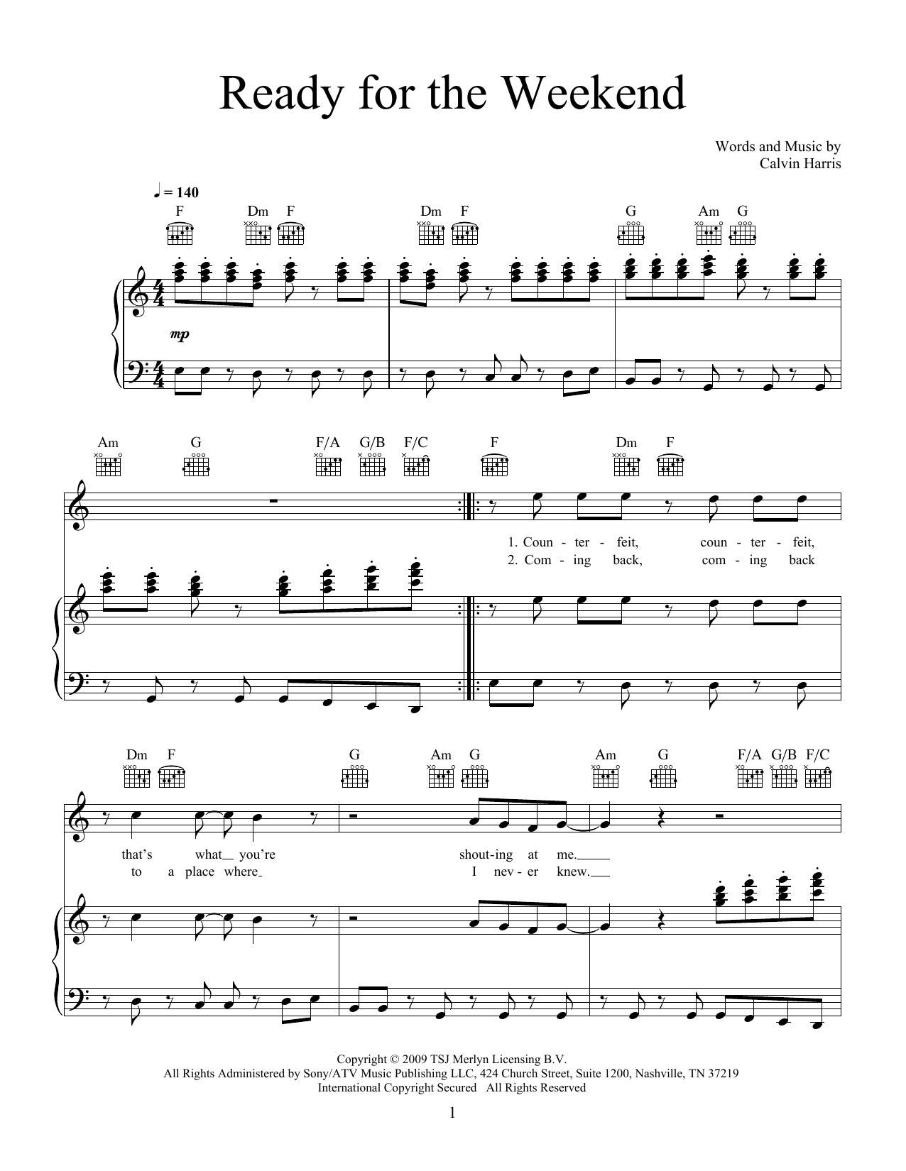 Calvin Harris Ready For The Weekend Sheet Music Notes & Chords for Piano, Vocal & Guitar (Right-Hand Melody) - Download or Print PDF