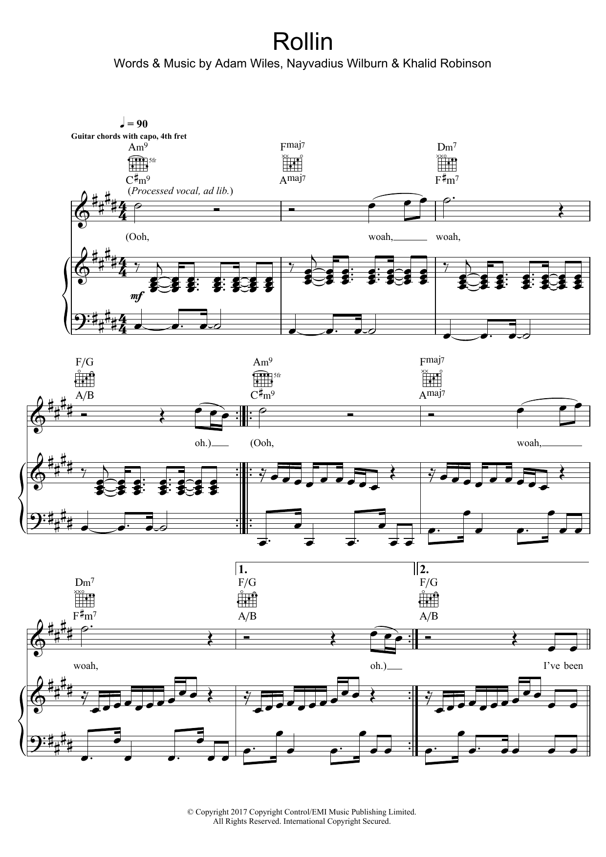 Calvin Harris Rollin (featuring Future) Sheet Music Notes & Chords for Piano, Vocal & Guitar (Right-Hand Melody) - Download or Print PDF