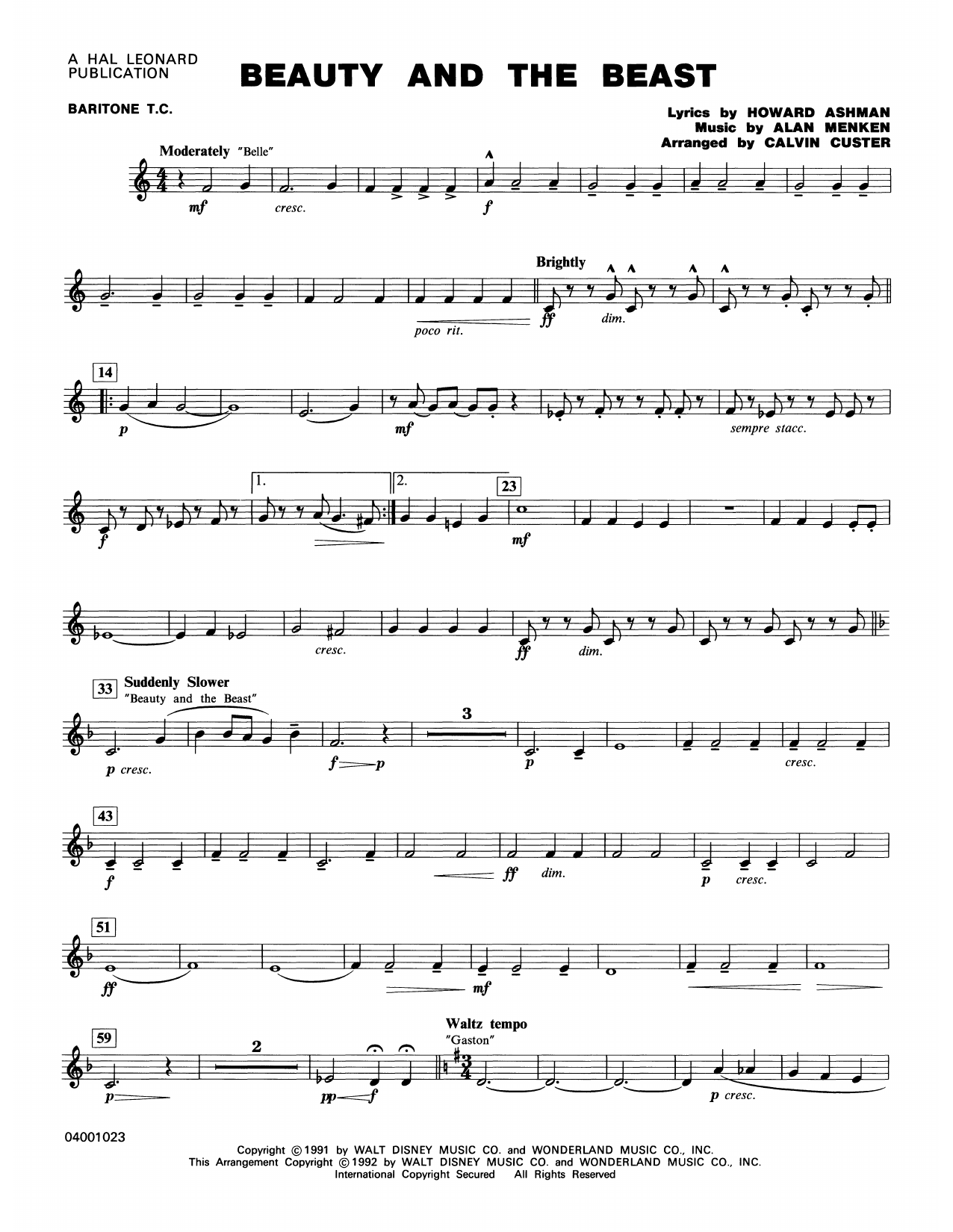 Calvin Custer Beauty And The Beast Medley Baritone T C Sheet Music Download Pdf Score 366298