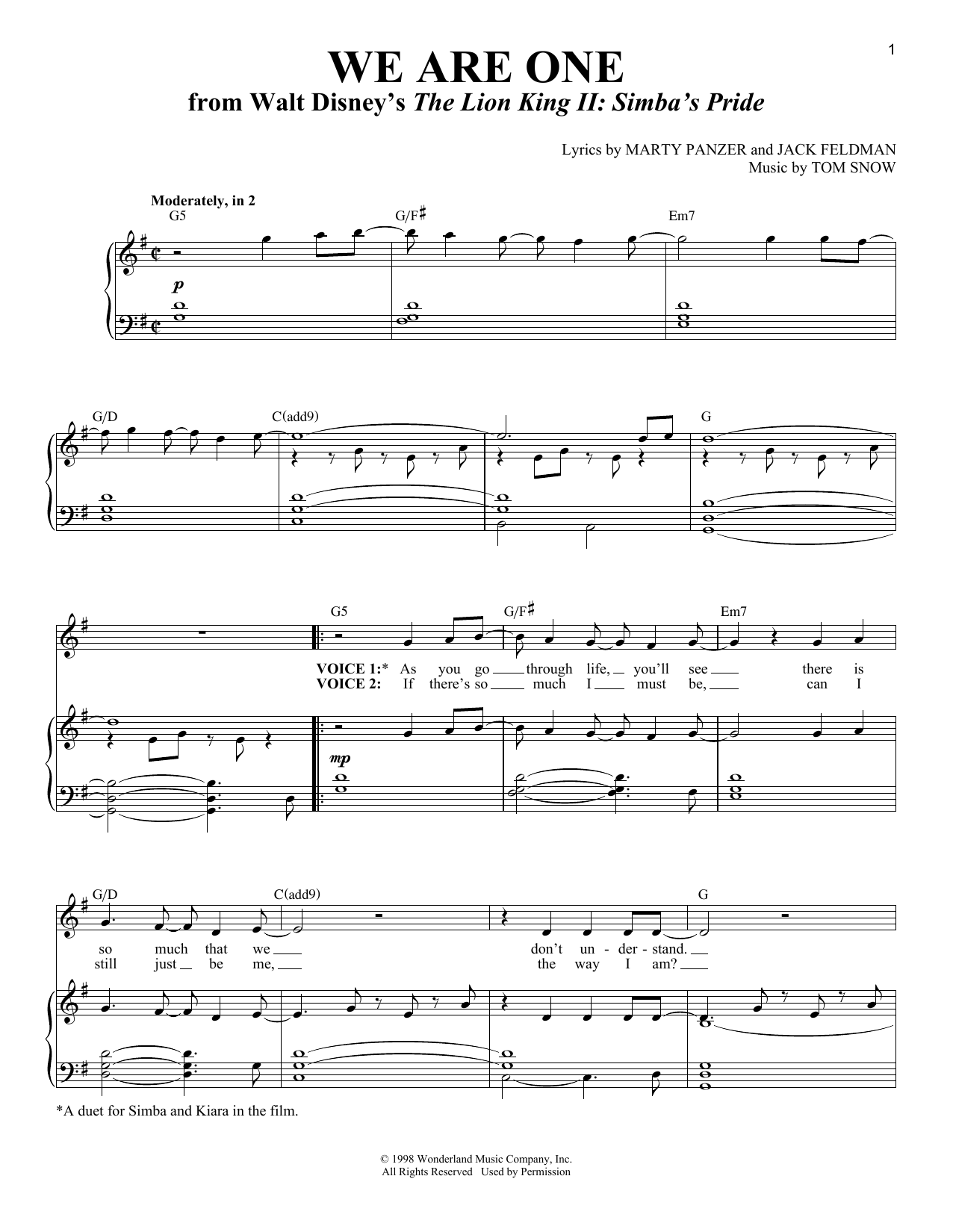 Cam Clarke and Charity Sanoy We Are One (from The Lion King II: Simba's Pride) Sheet Music Notes & Chords for Piano, Vocal & Guitar (Right-Hand Melody) - Download or Print PDF