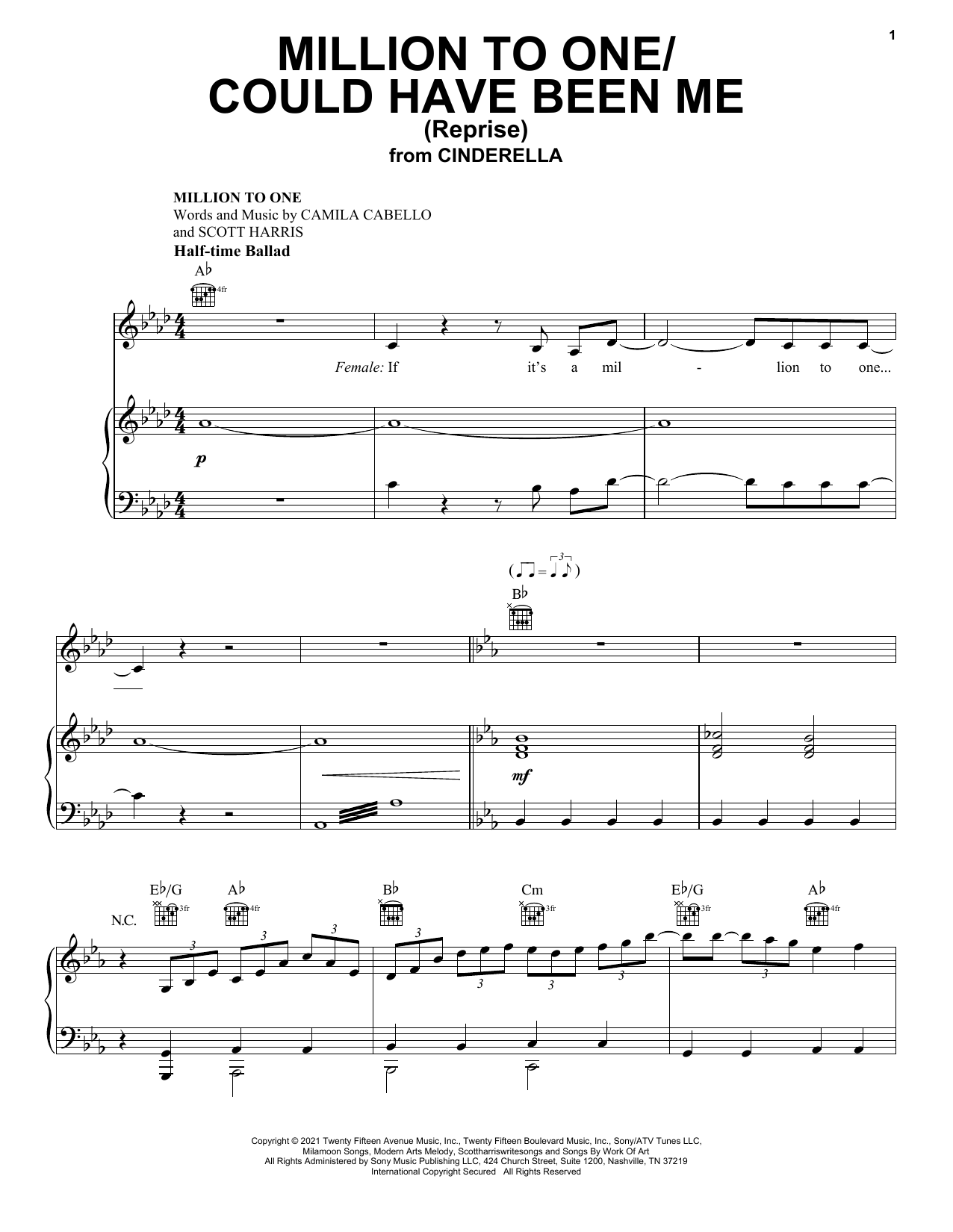 Camila Cabello and Nicholas Galitzine Million To One / Could Have Been Me (Reprise) (from the Amazon Original Movie Cinderella) Sheet Music Notes & Chords for Piano, Vocal & Guitar (Right-Hand Melody) - Download or Print PDF