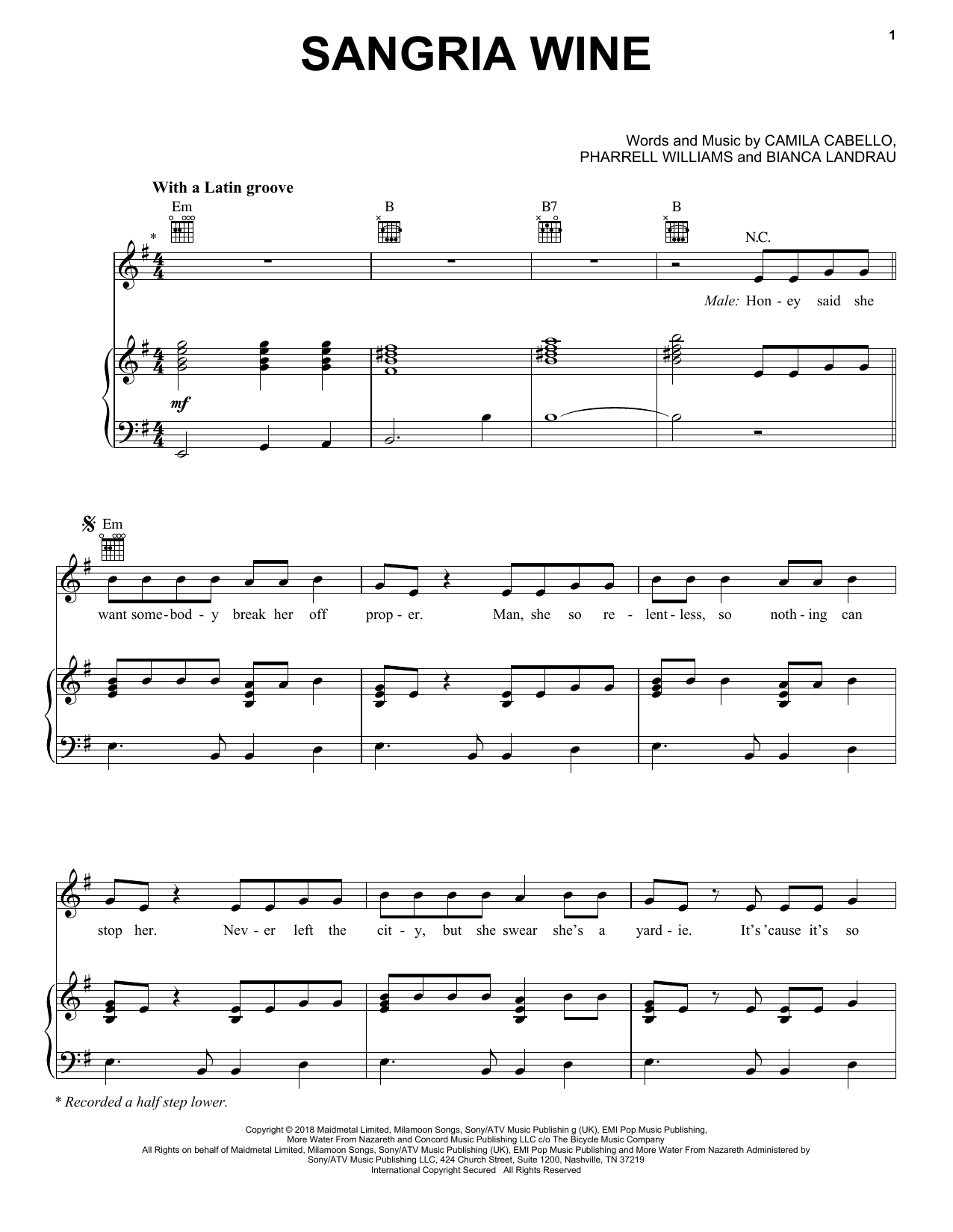 Camila Cabello and Pharrell Williams Sangria Wine Sheet Music Notes & Chords for Piano, Vocal & Guitar (Right-Hand Melody) - Download or Print PDF