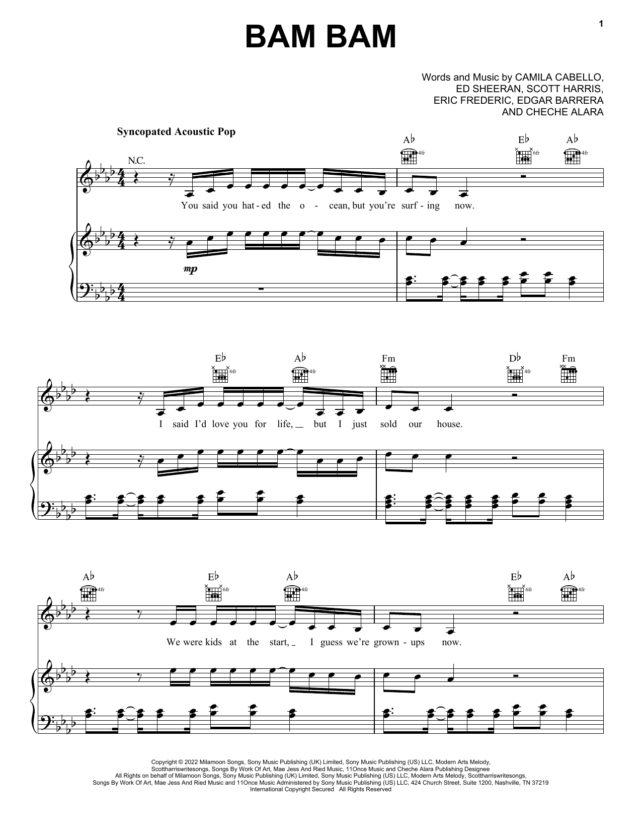 Camila Cabello Bam Bam Sheet Music Notes & Chords for Piano, Vocal & Guitar Chords (Right-Hand Melody) - Download or Print PDF