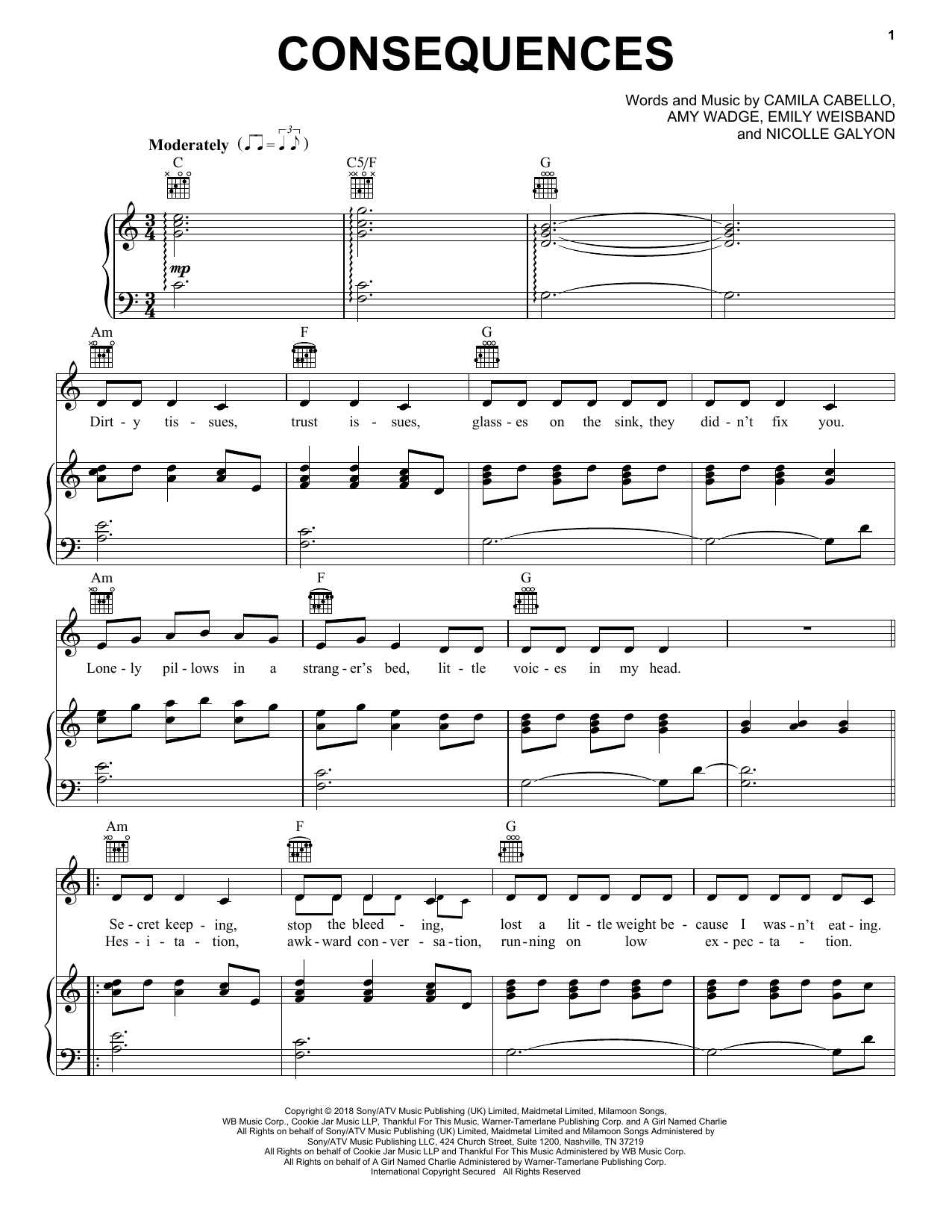 Camila Cabello Consequences Sheet Music Notes & Chords for Piano, Vocal & Guitar (Right-Hand Melody) - Download or Print PDF