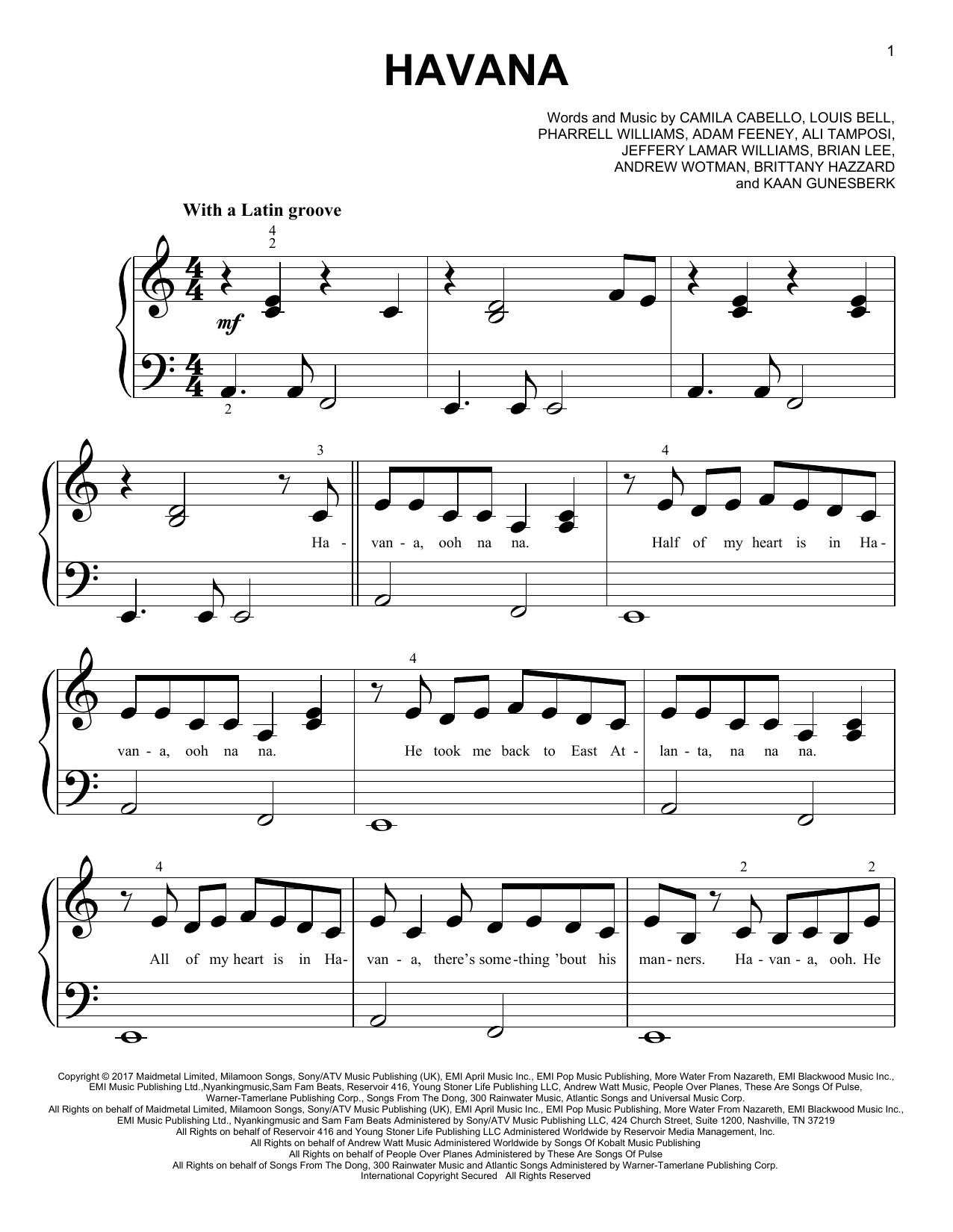 Camila Cabello feat. Young Thug Havana Sheet Music Notes & Chords for Piano (Big Notes) - Download or Print PDF