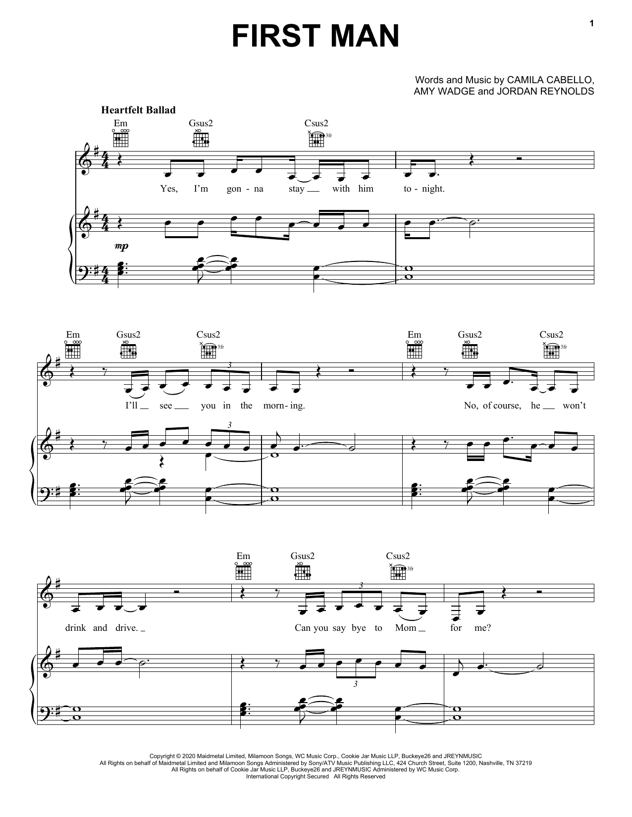 Camila Cabello First Man Sheet Music Notes & Chords for Piano, Vocal & Guitar (Right-Hand Melody) - Download or Print PDF