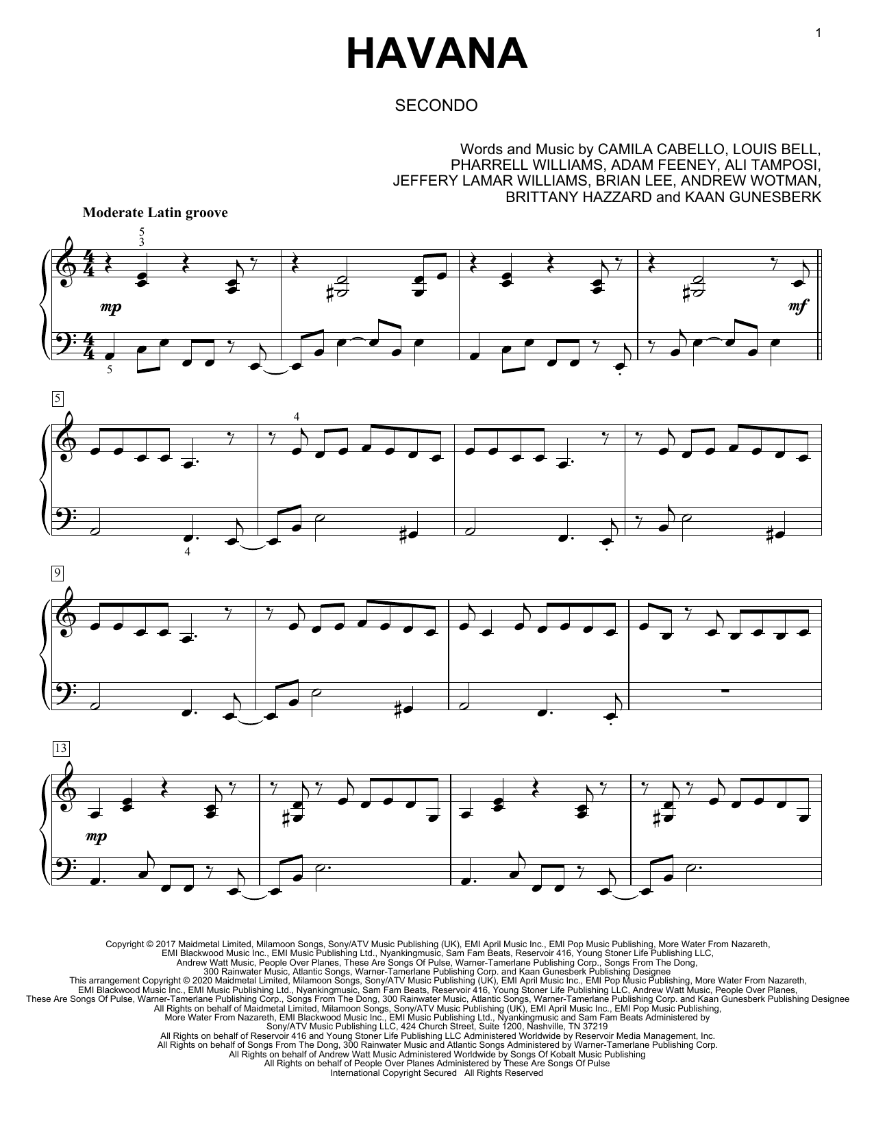 Camila Cabello Havana (feat. Young Thug) (arr. David Pearl) Sheet Music Notes & Chords for Piano Duet - Download or Print PDF