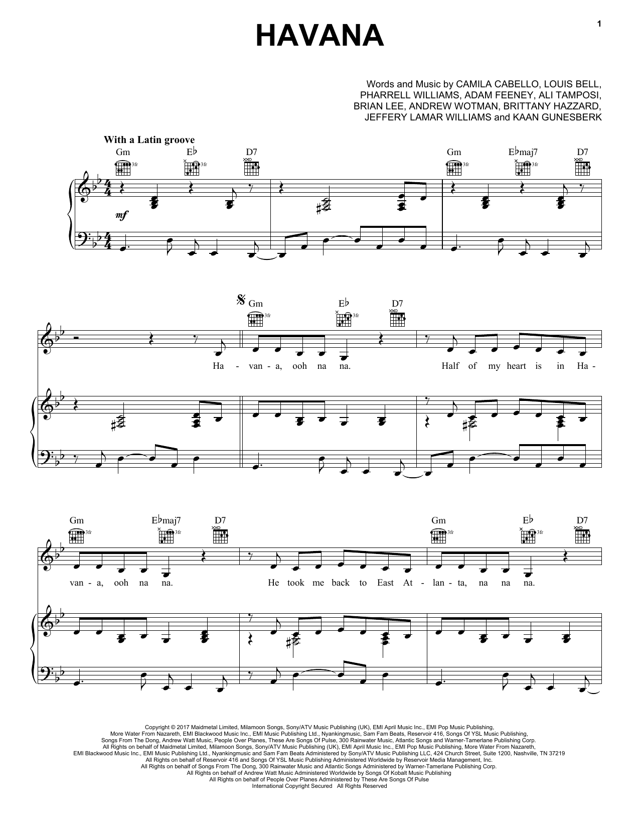 Camila Cabello ft. Young Thug Havana Sheet Music Notes & Chords for Piano, Vocal & Guitar (Right-Hand Melody) - Download or Print PDF