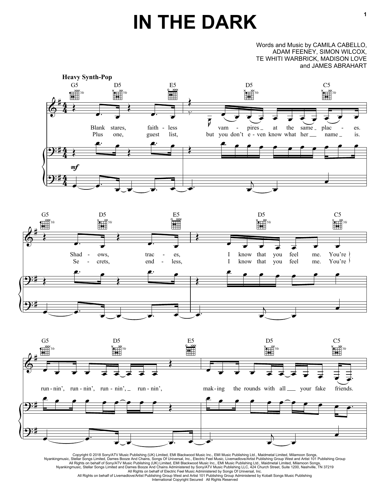 Camila Cabello In The Dark Sheet Music Notes & Chords for Piano, Vocal & Guitar (Right-Hand Melody) - Download or Print PDF