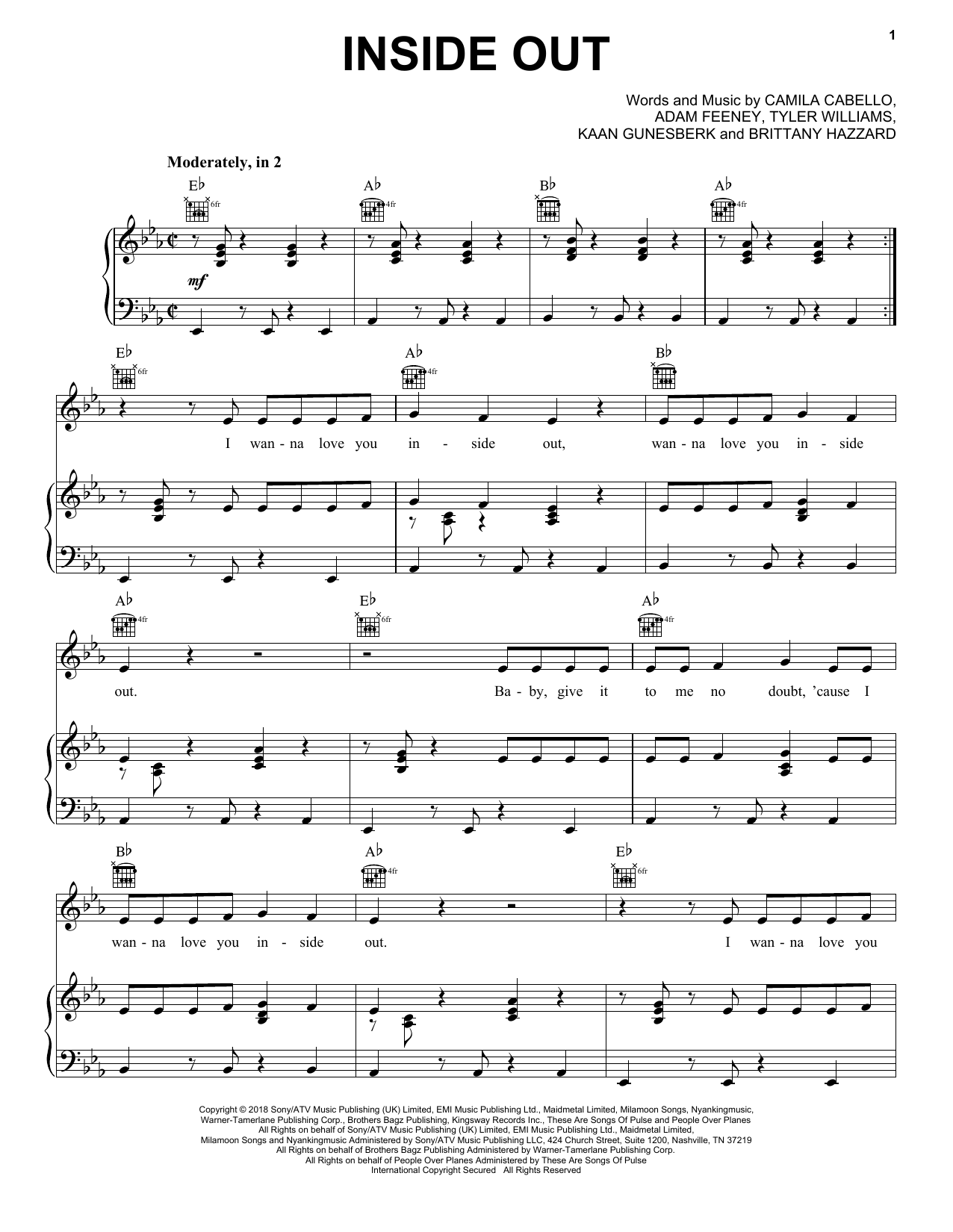 Camila Cabello Inside Out Sheet Music Notes & Chords for Piano, Vocal & Guitar (Right-Hand Melody) - Download or Print PDF