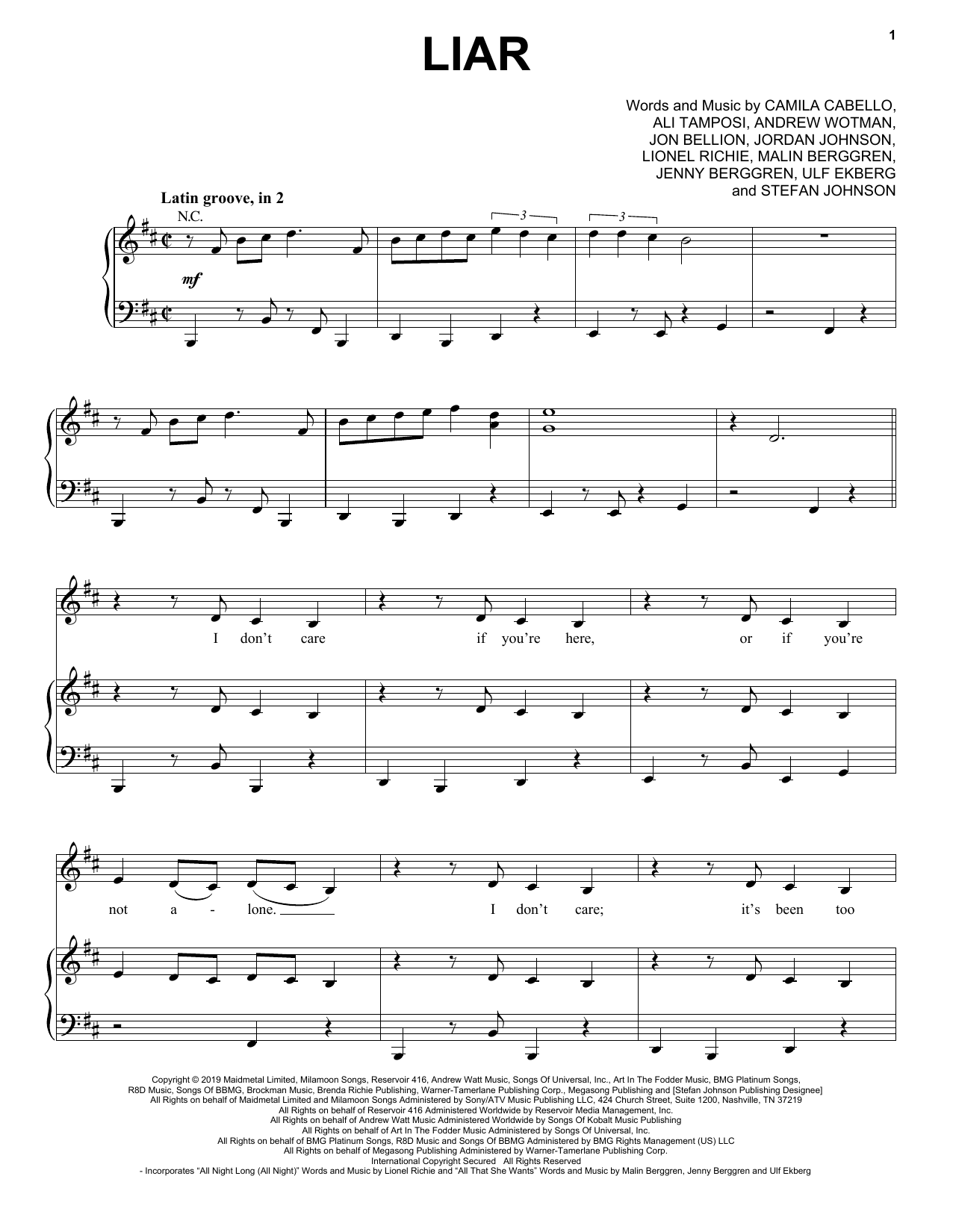 Camila Cabello Liar Sheet Music Notes & Chords for Piano, Vocal & Guitar (Right-Hand Melody) - Download or Print PDF