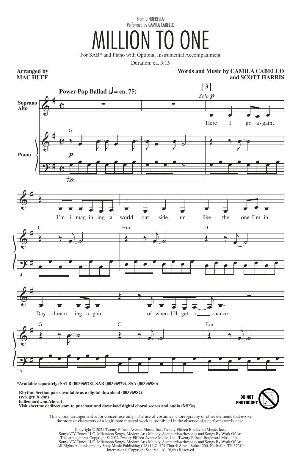Camila Cabello Million To One (from the Amazon Original Movie Cinderella) (arr. Mac Huff) Sheet Music Notes & Chords for SAB Choir - Download or Print PDF